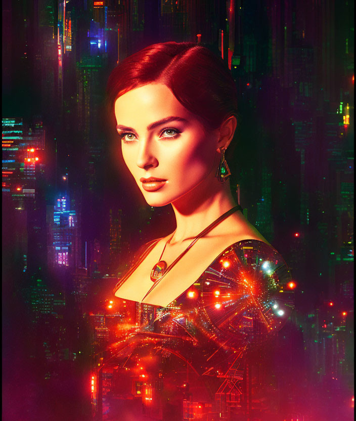 Dark-haired woman with green earrings in futuristic cityscape.