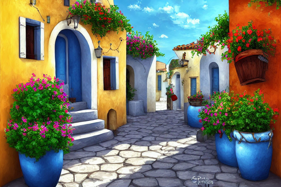 Colorful cobblestone street with blue planters and pink flowers by yellow buildings