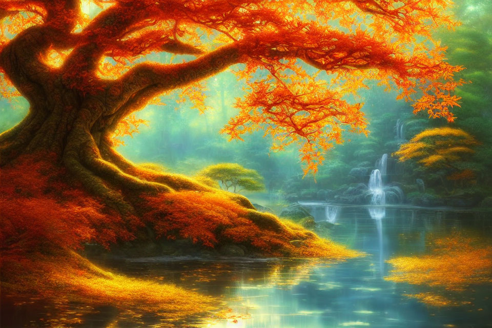 Majestic tree with vibrant orange leaves by serene lake and small waterfall in misty forest