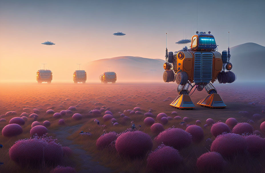 Retro-styled robot in surreal landscape with purple flora and flying saucers