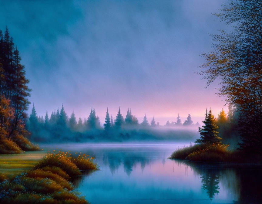 Serene Blue Lake Misty Trees Purple Dawn Sky