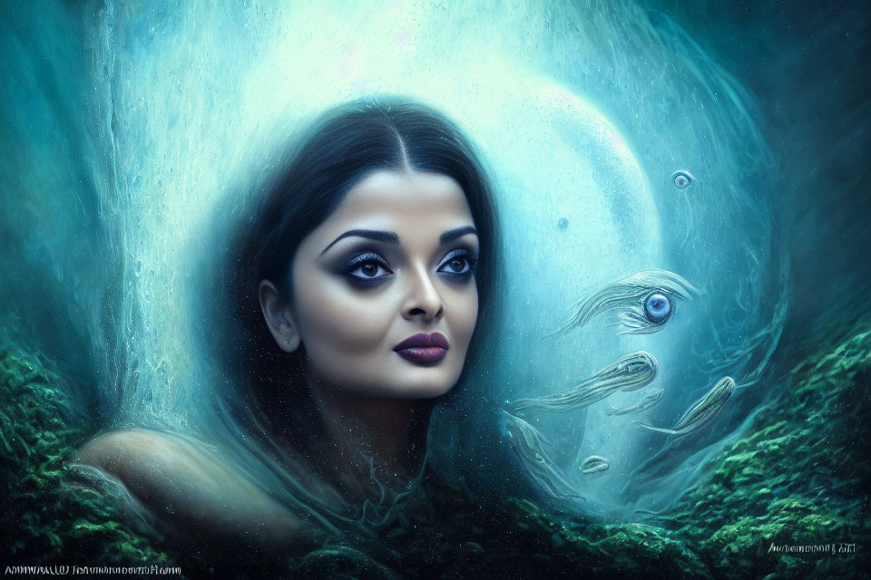 Surreal portrait of woman underwater with fish and large eye in blue-green hue