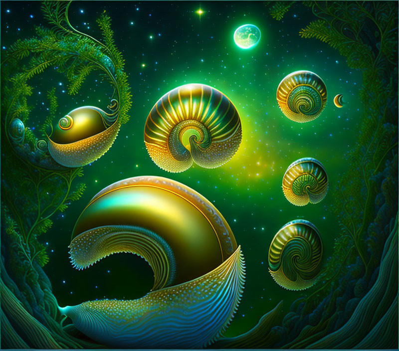 Colorful digital artwork: stylized nautilus shells in starry night sky with green foliage.