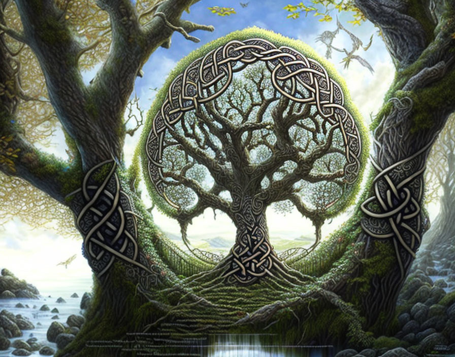 Intricate Celtic tree knot patterns in mystical forest