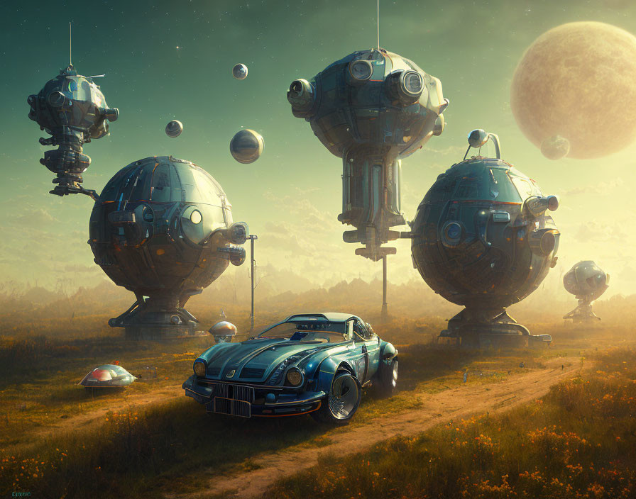 Vintage car parked in field with floating orbs and futuristic structures under moonlit sky