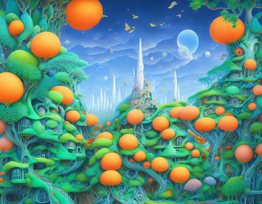 Colorful surreal landscape with orange orbs and green plant-like structures