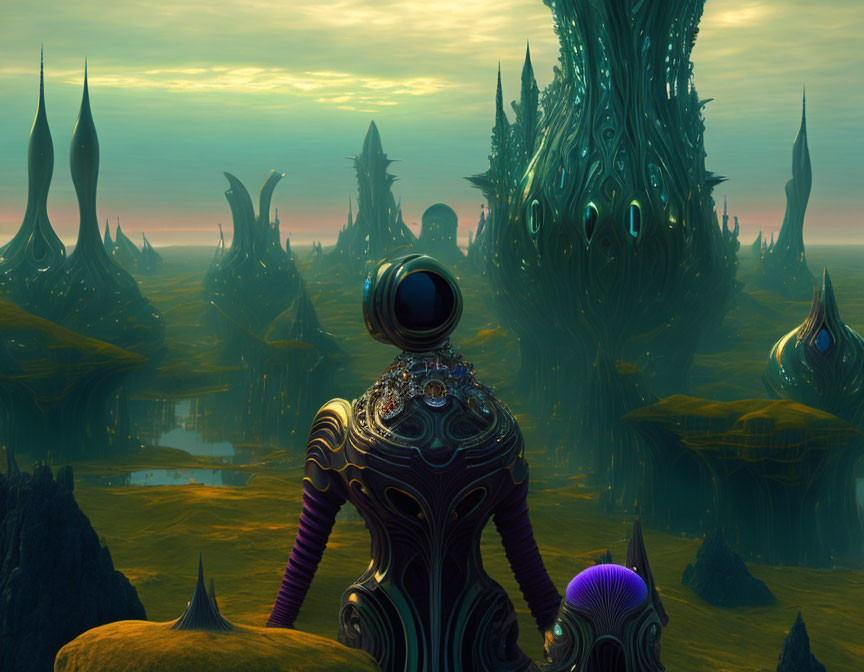 Elaborately suited figure gazes at alien landscape with towering spires under amber sky