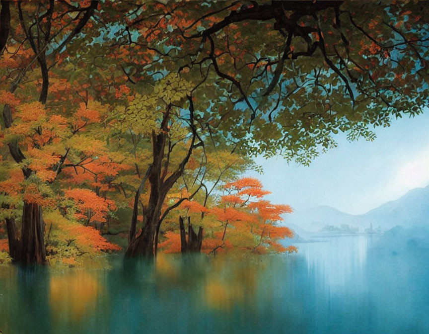 Autumnal lake scene with orange foliage reflections and misty mountains