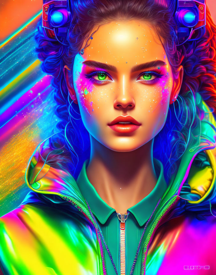 Colorful digital artwork of woman with headphones in neon lights