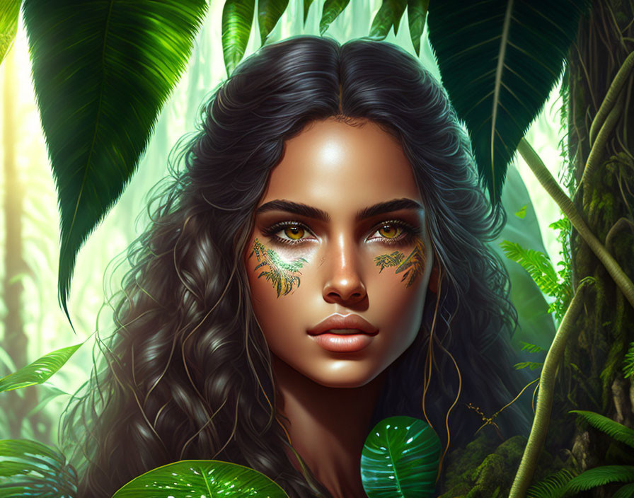 Digital portrait of woman with dark hair, green eyes, and gold leaf patterns in jungle setting