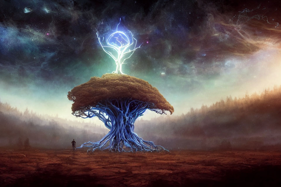 Person standing before mystical tree with blue symbol under starry sky and forest.