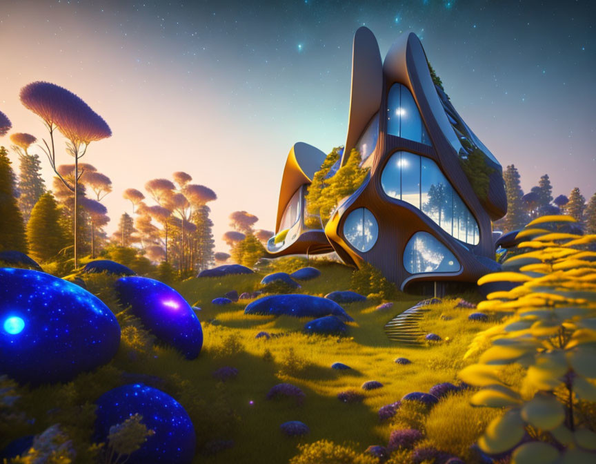 Futuristic house in magical forest with oversized glowing plants