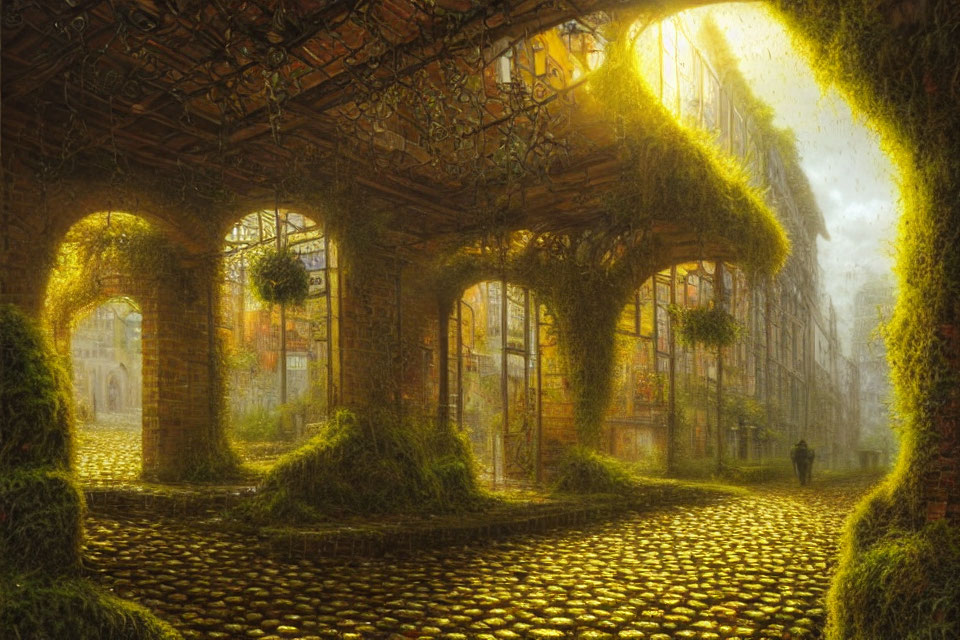 Misty cobblestone street with brick archway and ivy in warm light