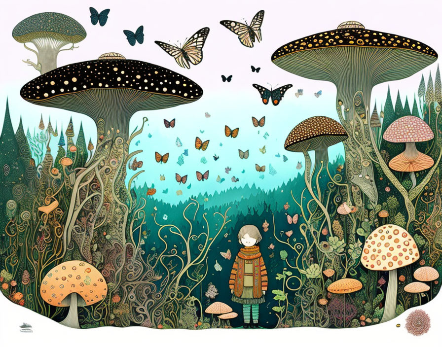 Child in forest with oversized mushrooms and butterflies