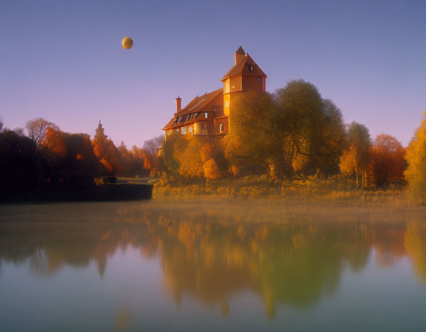 Stately house by still lake in autumn setting