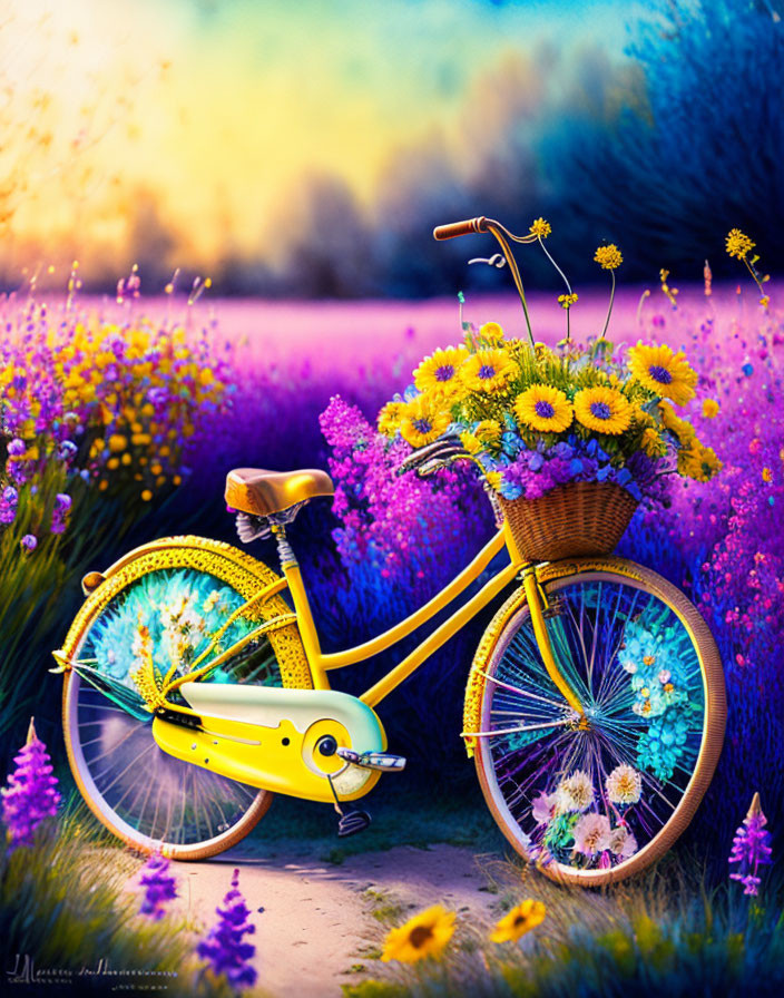 Colorful Yellow Bicycle with Flower Basket in Purple Wildflower Field at Sunset