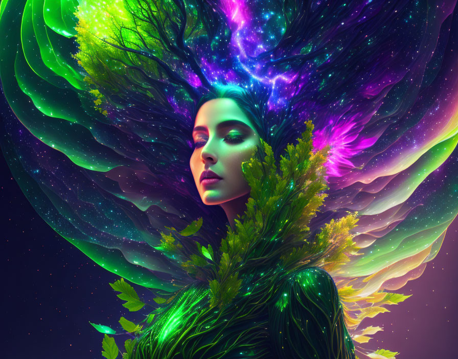 Vibrant cosmic and nature-themed surreal portrait of a woman