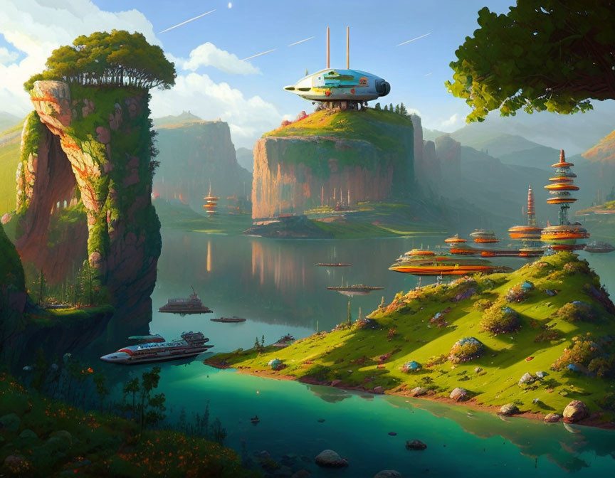 Futuristic landscape with lush valley, floating islands, advanced buildings, vehicles, serene lake, clear