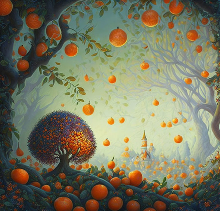 Colorful Artwork: Whimsical Orange Tree Forest with Dreamy Castle