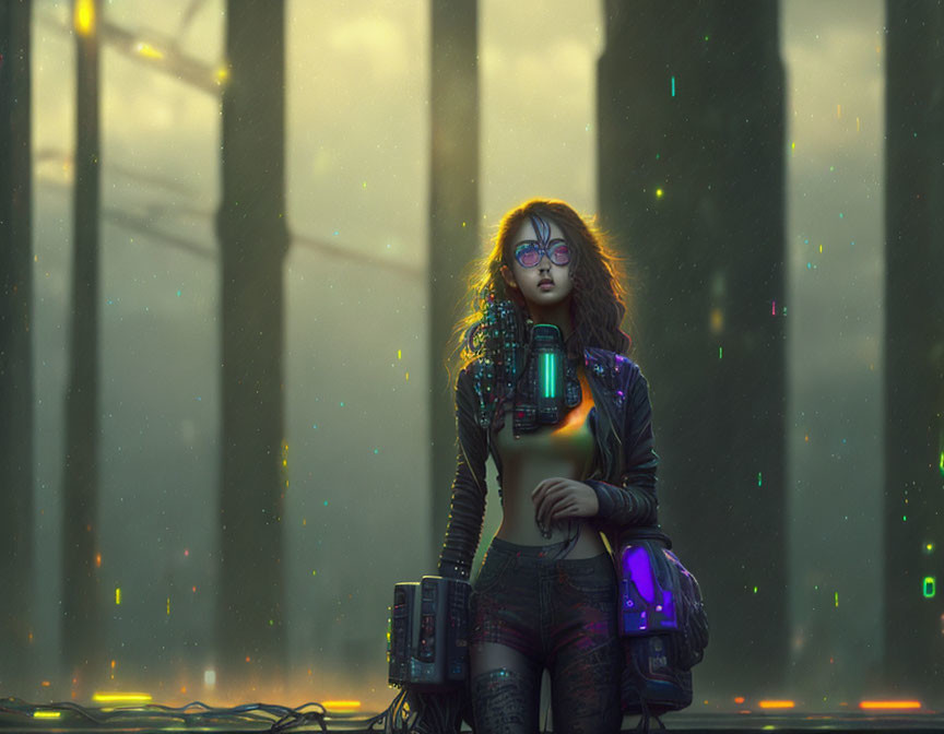 Woman with cybernetic enhancements in futuristic forest with glowing elements