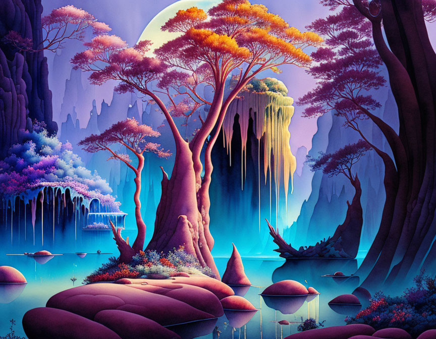 Fantasy landscape with oversized mushrooms, ethereal trees, waterfall, and large moon