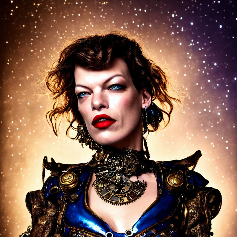 Person with red lipstick in steampunk outfit on starry background