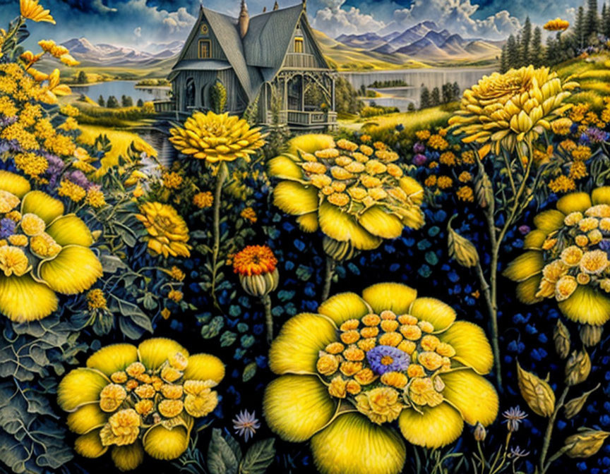 Colorful painting of house in rolling hills with yellow flowers and dynamic sky