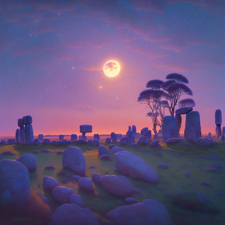 Tranquil Twilight Scene: Full Moon, Megalithic Stones, Starry Sky