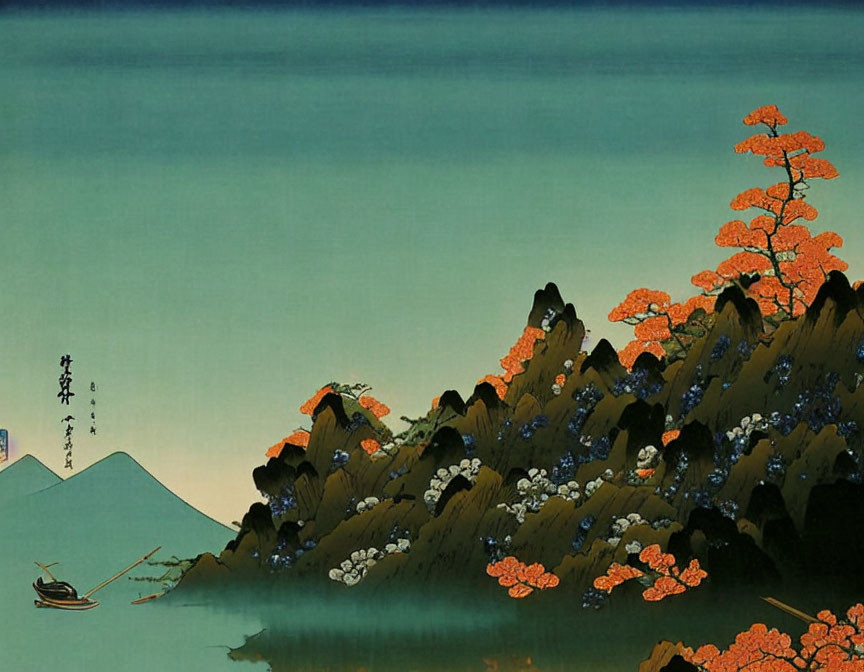 Serene Japanese ukiyo-e art: mountain, red trees, calm waters