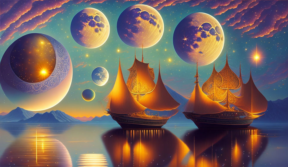 Fantastical scene: Ornate ships on calm water under multiple moons and dreamy sky