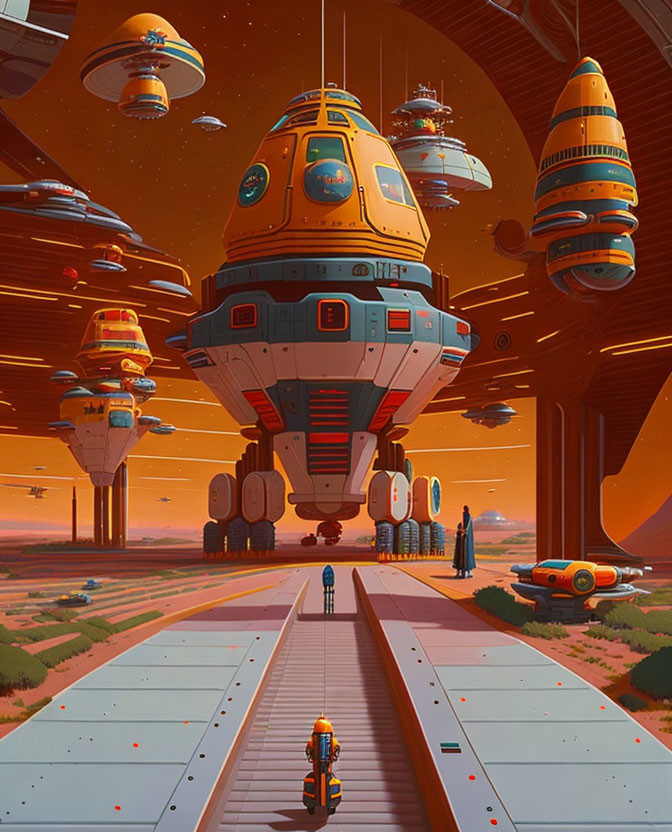 Futuristic spaceport with towering spacecrafts and astronaut under warm amber sky