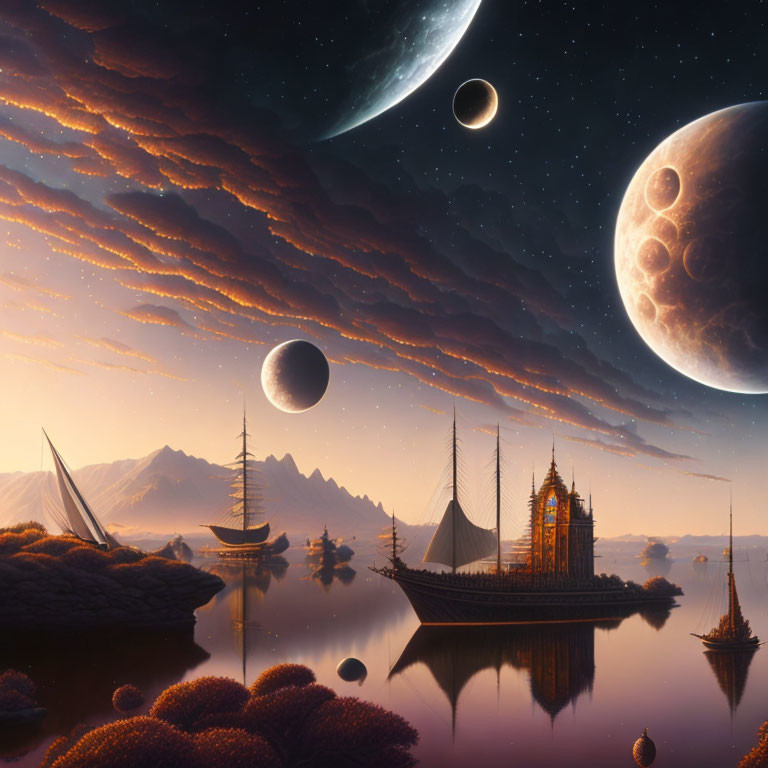 Sci-fi landscape with ships, mountains, planets, and dramatic sky