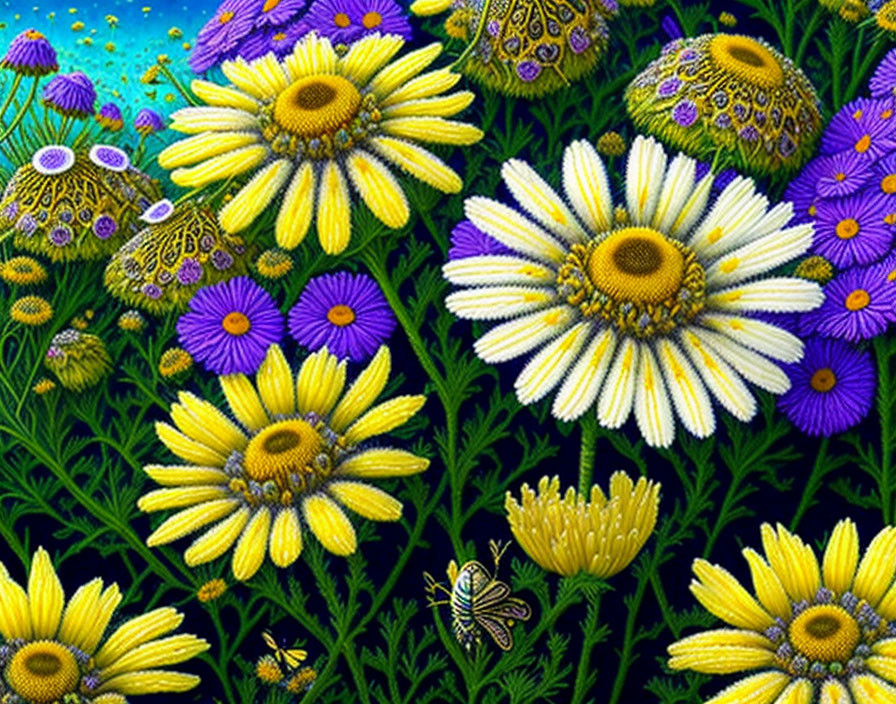 Colorful garden with yellow and purple flowers, green foliage, and a butterfly.