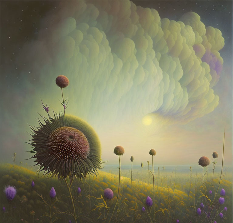 Surreal landscape with oversized thistle-like plants and cottony clouds