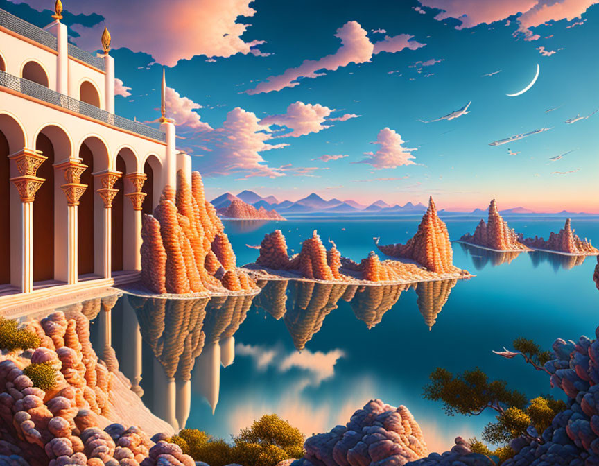 Palace with arches by calm lake and mountains reflected in pinkish rock formations