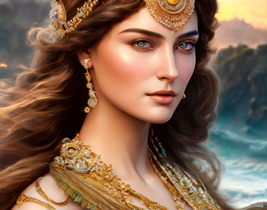 Digital portrait of woman with golden jewelry, intense blue eyes, and flowing brown hair against blurred background