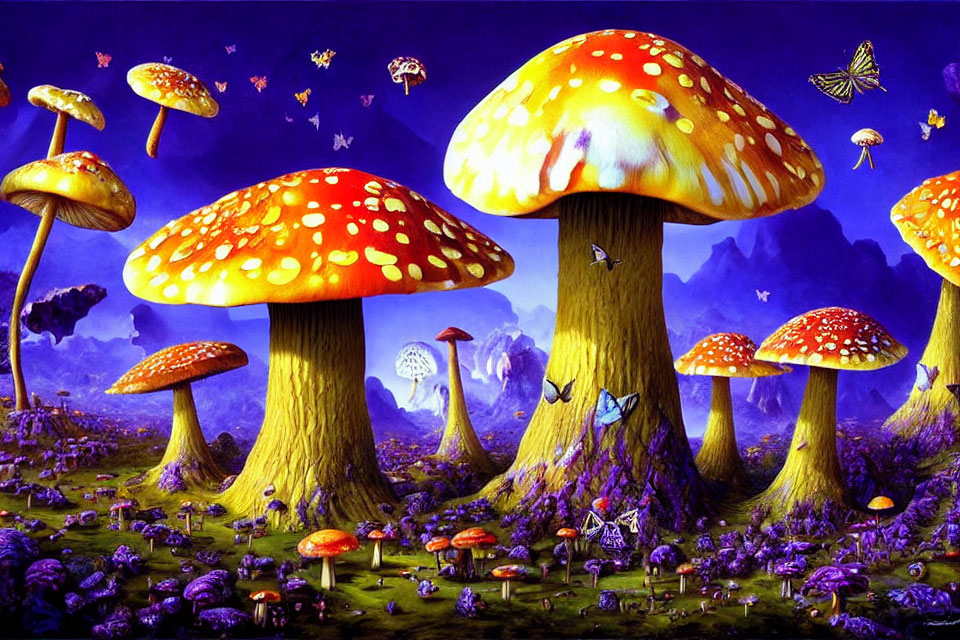 Colorful Fantasy Landscape with Giant Mushrooms and Flying Insects
