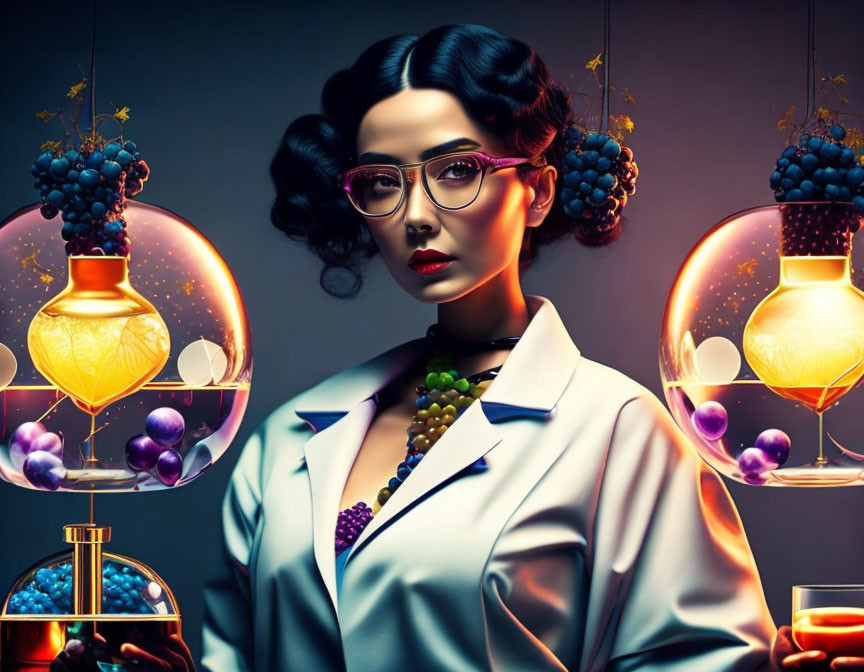 Stylized portrait of woman in glasses with glowing grape-filled flasks