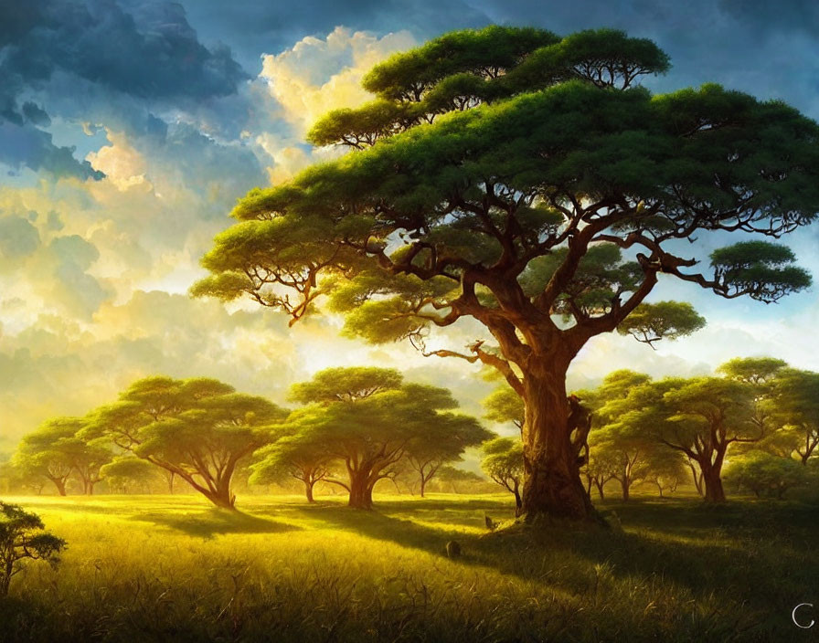 Tranquil savannah landscape with lush tree under vibrant sky