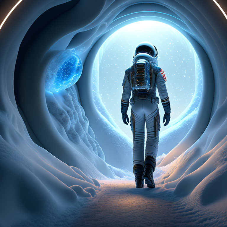 Astronaut approaching luminous portal in snowy landscape with celestial bodies.