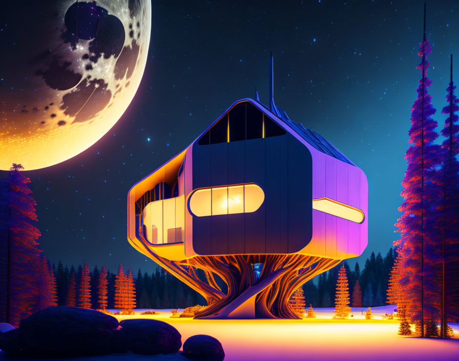 Modern treehouse with glowing windows in forest under starry sky