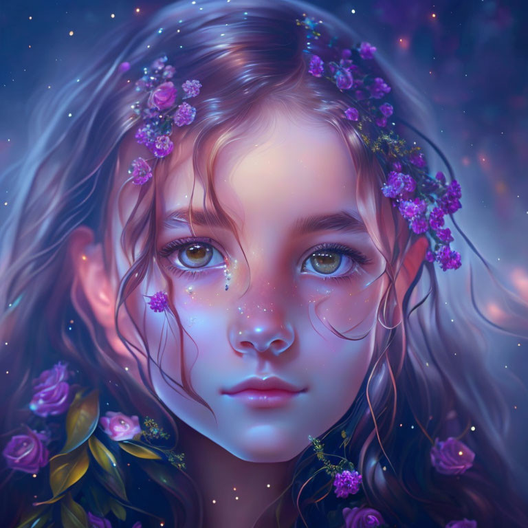 Young girl digital artwork with cosmic eyes and floral crown in mystical setting