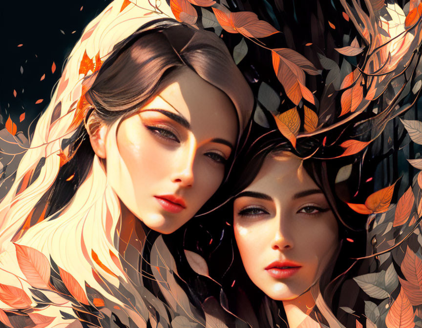 Digital artwork: Two women with pale skin and dark hair in autumn leaves swirl