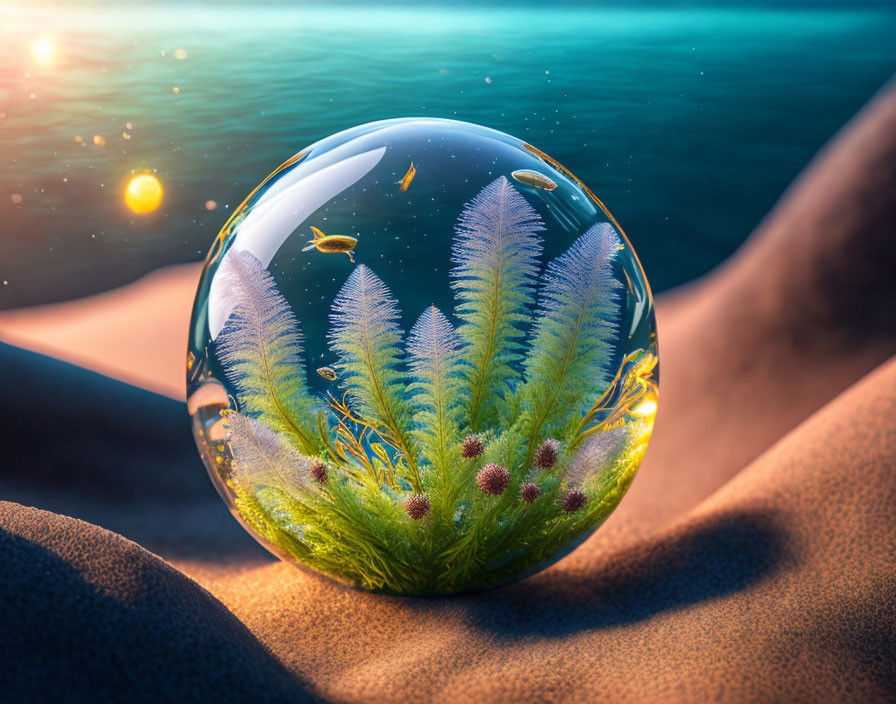 Crystal ball displaying underwater seascape on sandy terrain