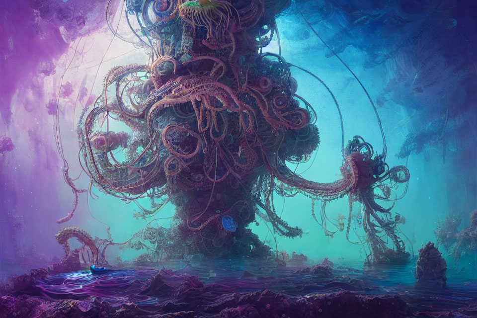 Colossal tentacled creature in vibrant underwater scene