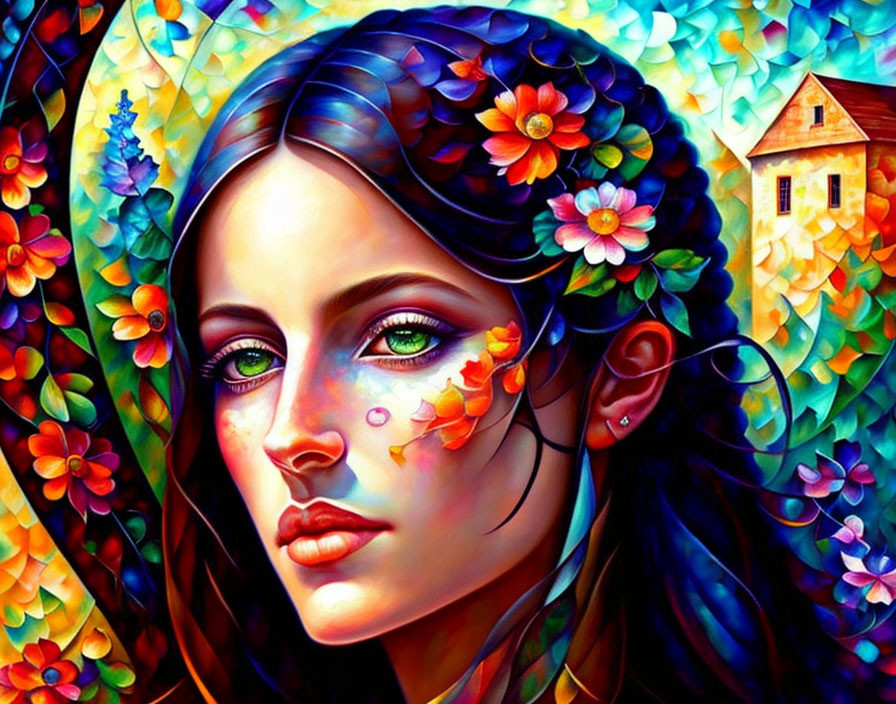 Colorful floral patterns on woman's face against nature backdrop