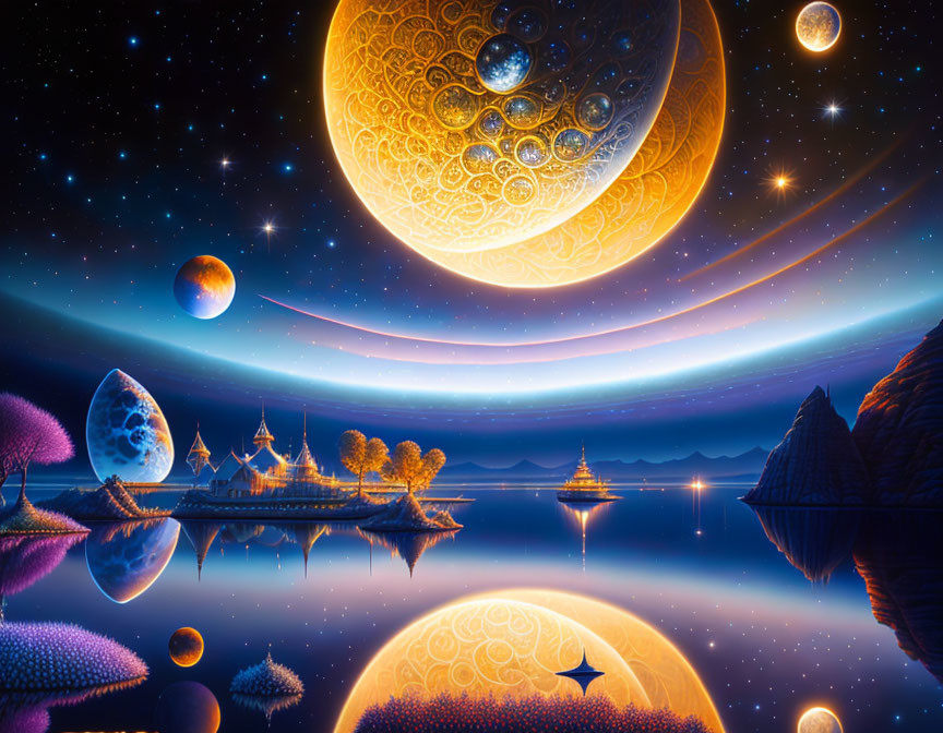 Fantasy nightscape with multiple moons, celestial patterns, serene lake, and ornate architecture