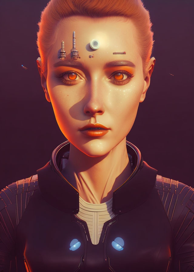 Female Android with Orange Eyes in Futuristic Black Suit