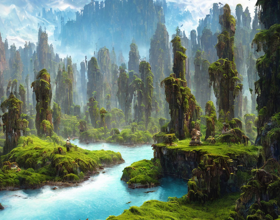 Mystical landscape with towering rocks, lush greenery, and vibrant river