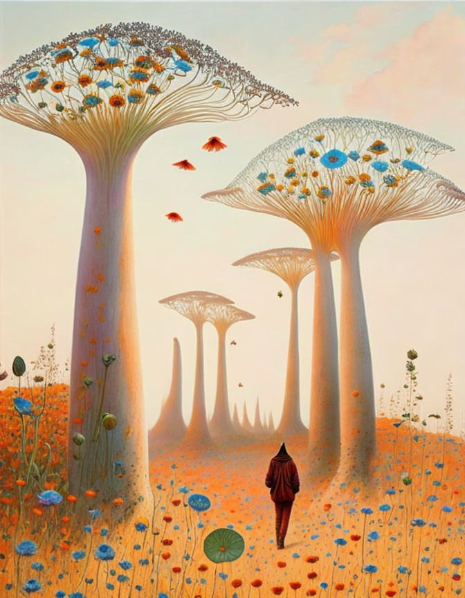 Person walking with umbrella in fantastical landscape with towering tree-like structures, dandelion-like canopy tops